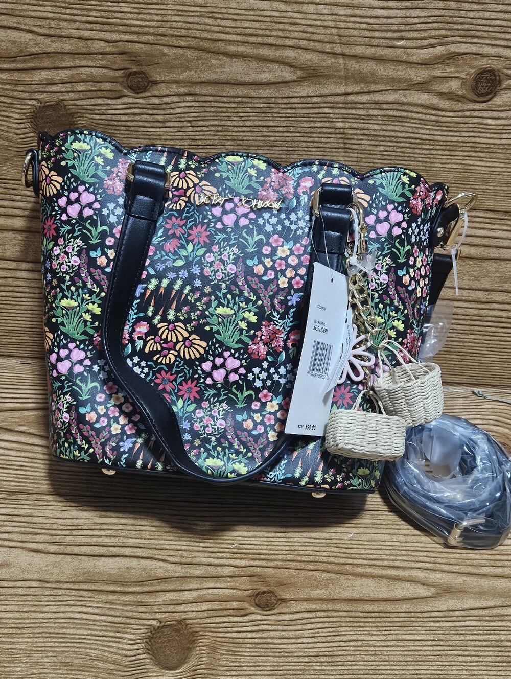 Betsey Johnson Black Multi Floral Tote Crossbody with Gold Hardware